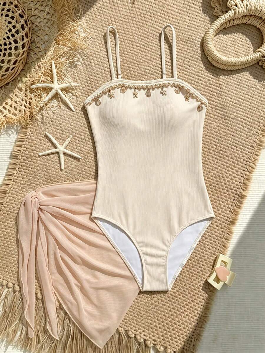 SHEIN Tween Girls White One-Piece Swimsuit With Textured Fabric,Seashell Detail,Ruffle Skirt & Cover Up,Modest Tropical Beach Vacation Holiday Summer Set
