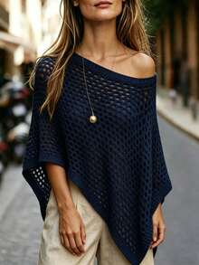 EMERY ROSE Blusa de mujer de moda con hombros descubiertos, bajo asimétrico y calado - Azul Marino - Ver 6