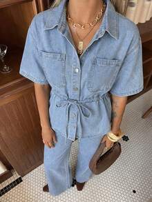 Conjunto de camisa con bolsillo en la cintura y pantalón vaquero de pierna ancha lavado, estilo casual para mujer, primavera/verano - Lavado ligero - Ver 2