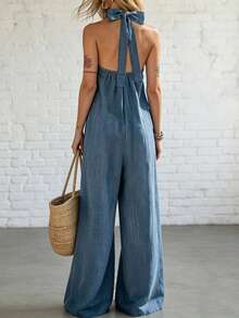 SHEIN Holidaya Mono de pierna ancha y suelta con cuello de halter de sensación de lino, estilo de vacaciones para mujer - Azul - Ver 2