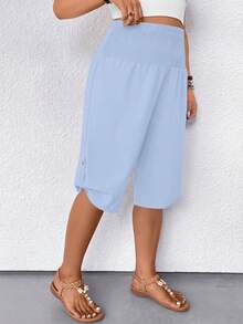 SHEIN LUNE CURVE Plus Size Women Casual Drawstring Waist Bermuda Shorts, Versatile - Sky Blue - View 3
