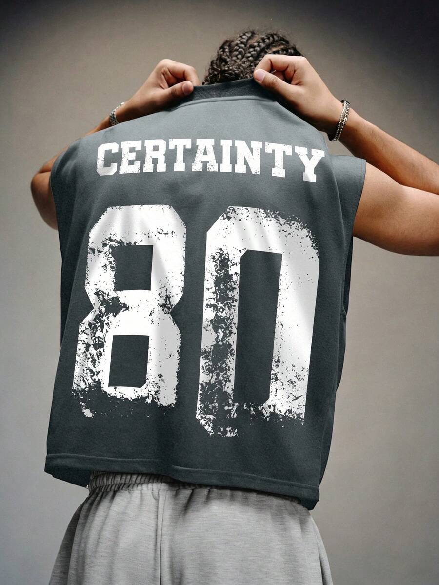 PAVTROS Men's Casual Fashionable Street Wear Letter & Number Print Loose Fit Tank Top, Suitable For Daily Commute In Summer - Black - View 1