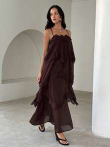 Aloruh Đầm dài dáng rộng thanh lịch dành cho nữ, chất liệu chiffon nhăn, thắt eo, phối ren màu nâu, thích hợp cho kỳ nghỉ xuân/hè. - màu nâu - Xem 8