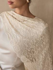 Graceveil Elegant Commuter Satin Lace Shawl Collar Long Sleeve Fitted Shirt - Apricot - View 5