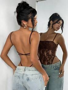 Aloruh Solid Color Lace Backless Camisole Camisole - Coffee Brown - View 2