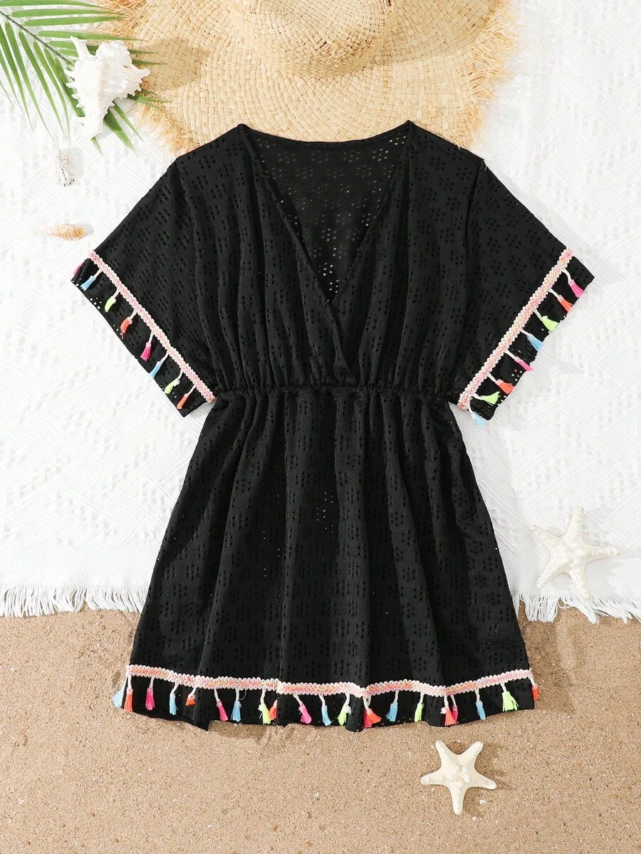SHEIN Conjunto de Capa de Maiô Bikini e Shorts Oversized para Meninas Pré-Adolescentes, Tecido de Malha Leve Preto, Design com Borla, Adequado para Natação, Praia, Resort, Férias de Verão - Preto - Visão 1