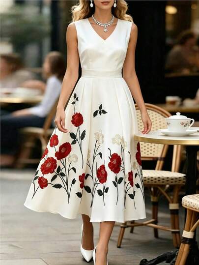 GlowEve Falda larga de línea A con estampado floral en color albaricoque, elegante y encantadora, dulce y linda, adecuada para uso diario, vacaciones, viajes, citas, estilo de calle francés y retro, versátil para primavera/verano, nueva falda larga en color albaricoque