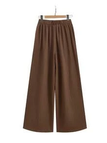 SHEIN Clasi Conjunto de 2 piezas de top de cuello redondo casual y pantalones de pierna ancha para mujer - Multicolor - Ver 4