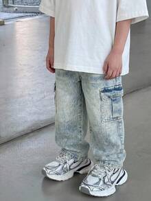 SHEIN Baby Boys' Street Cool Washed Camo Cargo Pocket Loose Fit Denim Jeans,Casual And Versatile For Baby Boys Fall/Winter Clothes Casual Festival Beach Graduation Ceremony Vacation Comfortable Comfortable & Chic,Casual & Street Style, Summer,Suitable For Spring And Summer Wear, Elegant And Holiday Wear,Spring Break Summer Beach Vacation Wear Festival Outfits For  Party Wedding Graduation Prom Birthday Casual Vacation - Medium Wash - View 5