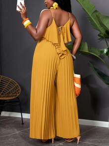 Reflora Plus Size Women Solid Color Backless Tie Pleated Wide Leg Jumpsuit - Yellow - View 9