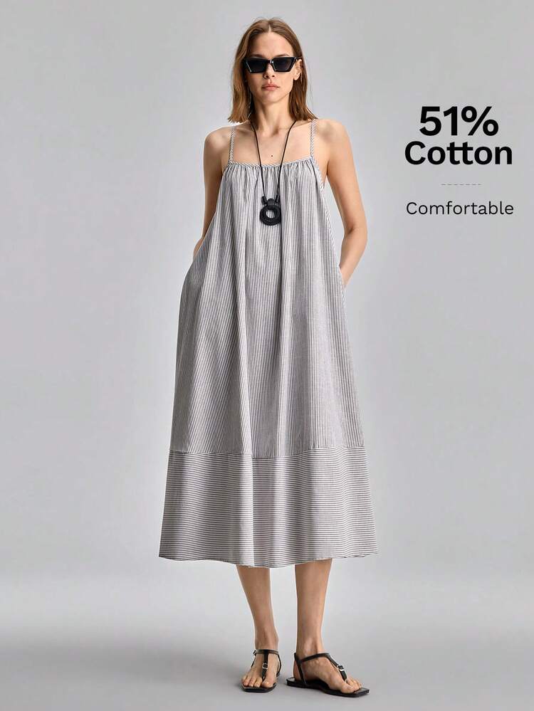 Women's Striped Pocket Loose Strap Dress