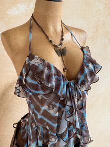 Soleia Women's Vacation Casual Plaid Ruffle Backless Halter Top - Multicolor - View 4