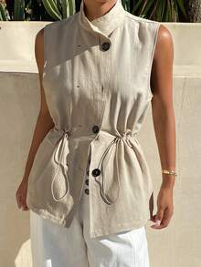 Livesso Áo vest nữ cổ đứng màu trơn, cài một hàng khuy, kiểu dáng thường ngày đa năng. - Màu Khaki - Xem 5