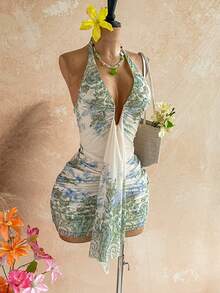 Vestido mini con estampado floral, diseño de lazo y escote halter, para vacaciones - Multicolor 2 - Ver 9