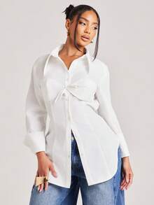 NYA SZN Top Tie Front Seaming Long Sleeve Collared Button Up Blouse Bust Bra Detail Outfits For Women - White - View 3