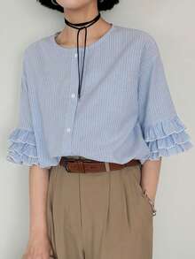 FRIFUL Women's Fashion Versatile Striped Single-Breasted Layered Ruffle Cuff Shirt - Blue - View 5
