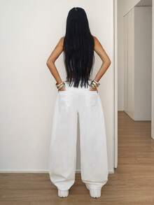 StreetHx Quần jeans ống rộng cạp thấp màu trắng in chữ, phong cách đường phố thường ngày, thời trang. - trắng - Xem 2