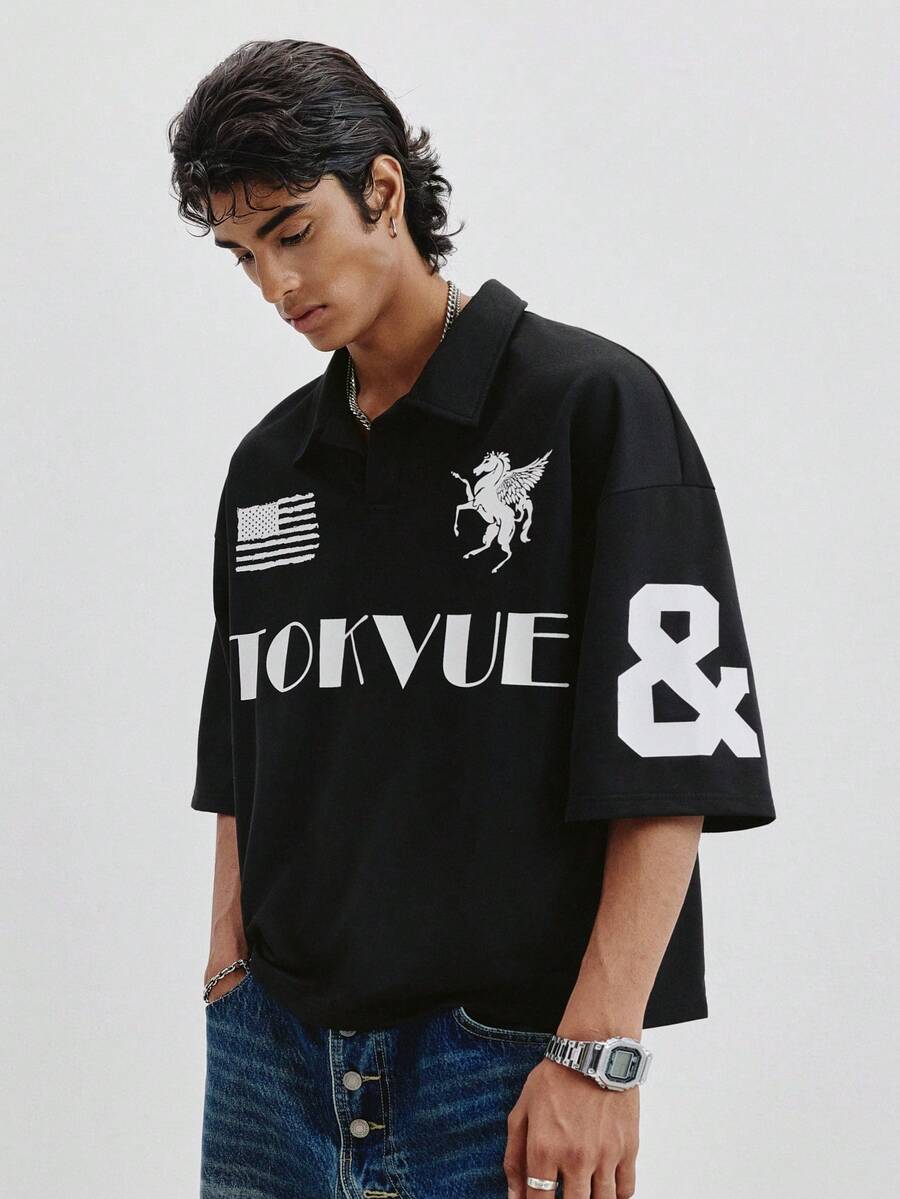 TOKVUE 男士复古运动+街头风短袖Polo衫,翻领Polo衫,宽松短款针织衫,融合英伦足球文化和复古球衣风格,都市男孩风,修身剪裁,简约优雅,时尚休闲,通勤休闲,节日礼物 - 黑色 - 查看 1