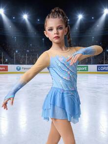 SHEIN Girls Figure Skating Clothes,Sparkling Rhinestone Competition Training Dress,Long Sleeved Mesh Skirt,Blue Summer Sport One-Piece,High Elasticity Slim - Multicolor - View 6