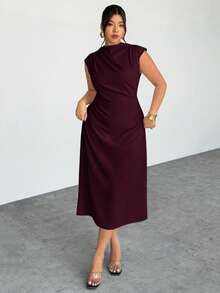 Firerie Plus Size Women's Elegant Ruched Cap Sleeve Split Hem Dress, Suitable For Dates Wedding And Formal Events Burgundy Summer - Red Violet - View 3