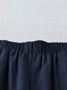 SHEIN LUNE CURVE 大码女式纯色休闲日常纽扣口袋直筒裤，夏季棉麻裤 - 藏蓝色 - 查看 5
