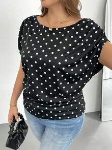Shapeblank Plus Size Women's Casual Retro Polka Dot Pattern Fabric T-Shirt, Suitable For Summer, Black - Black - View 5
