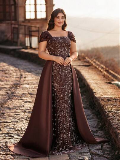 Aureia Plus Size Elegant Luxurious Beaded Embroidered Patchwork Satin Off-Shoulder Mermaid Hem Formal Gown, Suitable For All Formal Occasions, Formal Evening Dress