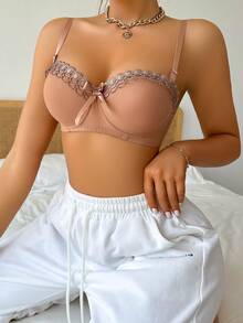 LustreForm Women's Lace Bra With 3D Bow Decor (Underwired) - Khaki - View 4