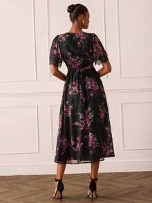 Lilora Women's Elegant Cutout Floral Dress,Black And Purple,Summer High-Fashion Graceful Dress,Versatile For Wedding,Commuting,Parties,Holidays & Vacations - Multicolor - View 2