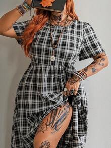Whyspr Vestido midi de manga corta y cuello redondo a cuadros - Negro - Ver 6