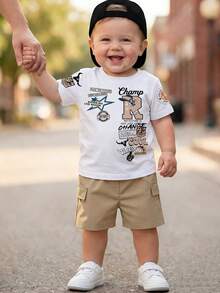 SHEIN Bộ trang phục mùa hè 2 món cho bé trai, Bộ thời trang gồm áo thun cổ tròn tay ngắn in chữ hoạt hình và quần short màu trơn, năng động & dễ thương, thích hợp cho các hoạt động ngoài trời, đồ mặc nhà thoải mái và các buổi tụ tập thường ngày - Màu be - Xem 3