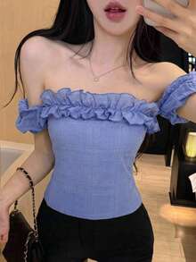 DAZY Blusa elegante de manga corta con volantes y patchwork para mujer, ideal para primavera y verano, fiestas, bodas, días del amante y vacaciones - Azul - Ver 6