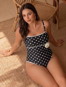 Swim Chiccia Plus Size Women Polka Dot Floral Decor One-Piece Swimsuit - Black and White - View 6