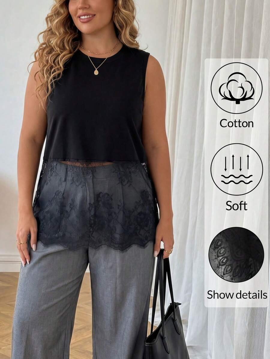 SHEIN PETITE CURVE Áo tank top không tay cổ tròn viền ren bằng cotton cỡ lớn dành cho nữ, áo mùa xuân/hè màu đen, áo không tay, áo thường ngày cho nữ, trang phục mùa hè cho nữ.