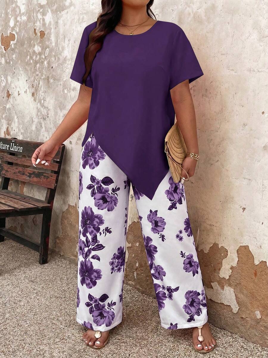 Breezaya Plus Size Solid Color Asymmetric Hem Short Sleeve Top And Floral Print Long Pants 2-Piece Set - Violet Purple - View 1