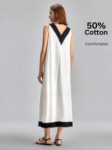 Ontre 2026SS New Summer Women Black And White V-Neck Lace Trim Dress, Elegant Graduation/Vacation/Beach Vacation/Music Festival Dress For Ladies - White - View 7