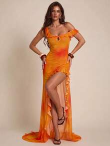 SHEIN BAE 女士扎染拼接荷叶边开衩下摆时尚连衣裙 - 橘色 - 查看 1