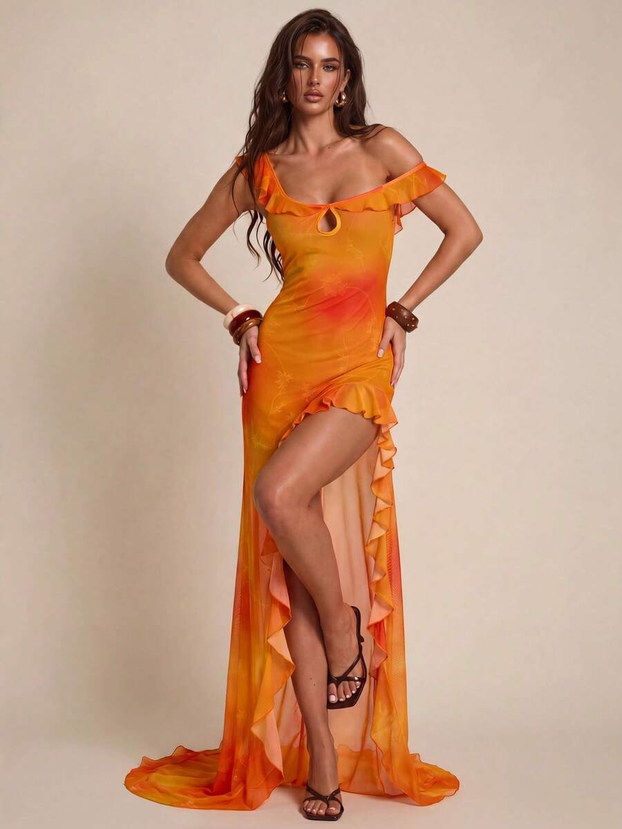 SHEIN BAE 女士扎染拼接荷叶边开衩下摆时尚连衣裙 - 橘色 - 查看 1