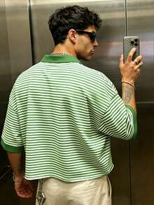 Manfinity Dauomo Men's Striped Patchwork Casual Versatile Daily Wear T-Shirt - Green - View 2