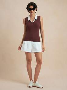 Nima Coro Women's Summer Back To School American Retro Color-Block Collar Sleeveless Vest, Brown Ribbed V-Neck Slim Fit Base Layer, Daily Office Preppy Wear. - Brown - View 4