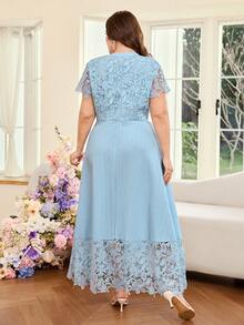 Modelyn Plus Size Women's Elegant Lace Patchwork Waist Dress, Spring/Summer - Blue - View 2