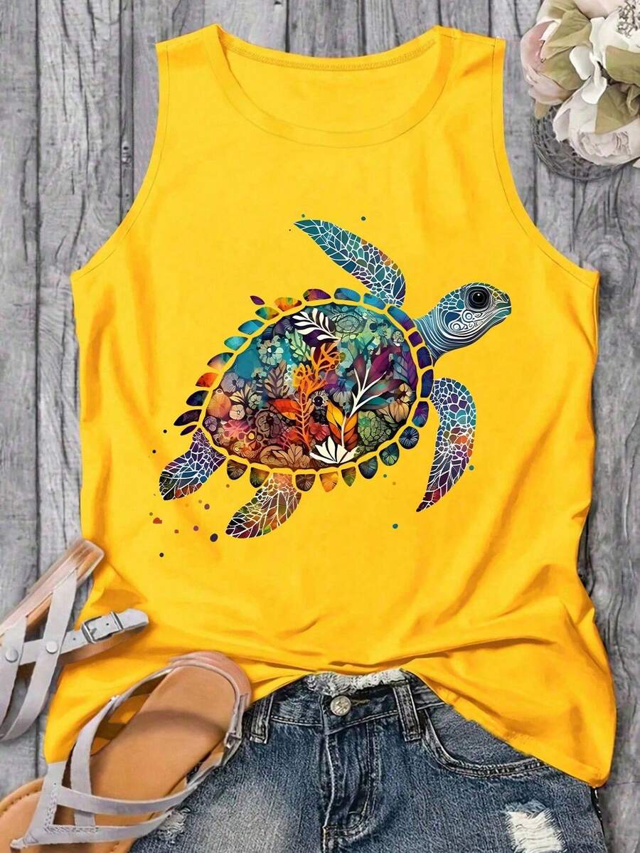 SHEIN LUNE Plus Size Women Turtle Print Round Neck Casual Versatile Daily Wear Top - Yellow - View 1