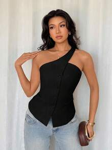 SHEIN Tall 女款無袖露背優雅通勤百搭上衣，附內裡，夏季社交上衣，適合高個女性 - 黑色 - 查看 6
