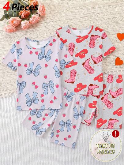 4pcs/Set Teen GirlSnug Fit Pajama Set, Round Neck Short Sleeve Shorts, Strawberry, Bow, Shoes Print Pattern, Soft Knit Fabric, Comfortable Snug Fit 4-Piece Loungewear/Sleepwear, Suitable For Summer
