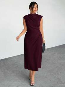 Firerie Plus Size Women's Elegant Ruched Cap Sleeve Split Hem Dress, Suitable For Dates Wedding And Formal Events Burgundy Summer - Red Violet - View 7