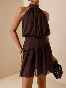 Vesra Vestido corto de mujer sin mangas con cuello de halter de gasa - Marrón Chocolate - Ver 4
