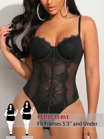 SHEIN PETITE CURVE Áo liền thân gợi cảm màu trơn phối ren, cỡ lớn, thích hợp cho mùa hè.