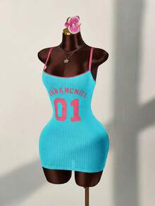 Amplova Sports Number Contrast Color Lace Patchwork Bodycon Mini Dress,Summer Dresses For Women - Teal Blue - View 4