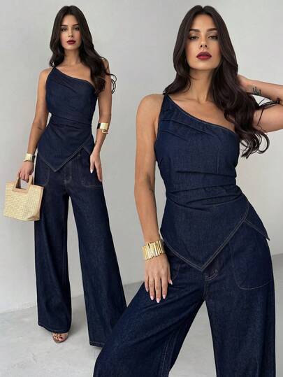 Firerie Women's Solid Color Asymmetric Collar Sleeveless Top And Long Pants Casual Denim Suit Summer Carnival Costume Commuting Vacation Graduation Chic Y2k Cute Streetwear Coquette Party Wedding Elegant Business Casual Woman Business Beach Graduation Women's Denim One Shoulder Top And Wide Leg Pants Two Pieces Set Stylish Dark Wash Outfit Chic Denim Two Pieces Set For Women Asymmetrical One-Shoulder Top With Flowy Wide Leg Trousers