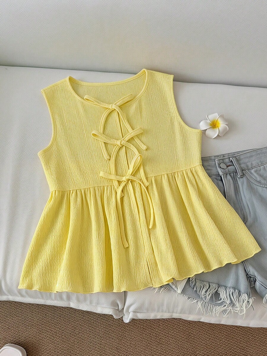 SHEIN Parte superior informal de vacaciones con textura y lazo frontal en color crema amarillento para niñas preadolescentes - Amarillo - Ver 1